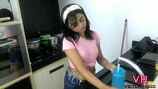 Wow, young maid sucking my huge cock hard!