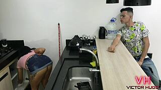 Wow, young maid sucking my huge cock hard!