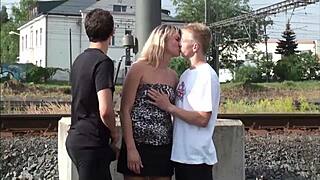 Cum On Milf Face In Public Threesome.