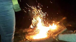 Neighbor catches lesbians in forest, joins with dirty talk and masturbation