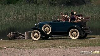 this group of naughty friends in stockings loves fucking outdoors in missionary and riding positions