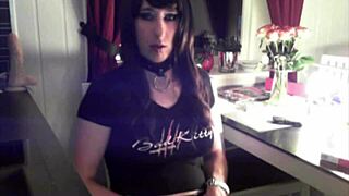 Goth Tranny Chills, Smokes, and Strokes Her Cock on Webcam