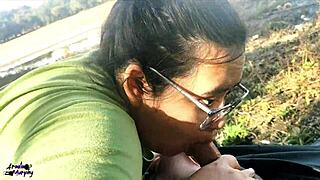 wife giving blowjob by the lake in public