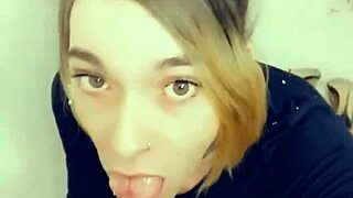 sexy shemale on her knees giving blowjob to that big cock 😍