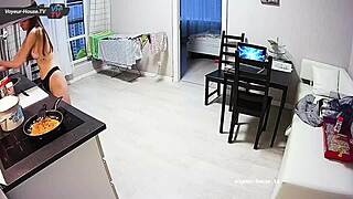 Slim babe caught topless while cooking in kitchen. What’s her secret?