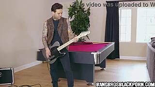 Ebony stepsister asks stepbrother to stop guitar while masturbating