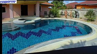 outdoor activities compilation: splashing in pool, catching cum, creampie moment