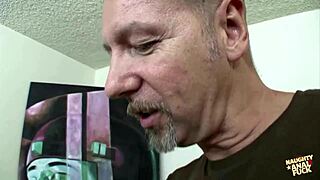 Blonde milf with tongue piercing deepthroats mature guy then rides big cock in studio