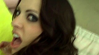 horny brunette slut gives blowjob with shaved pussy