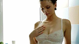 brunette in lingerie with piercing for fun scene