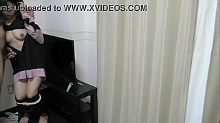 Conversational-Neutral Young Japanese couple gets intimate in living room before kids return