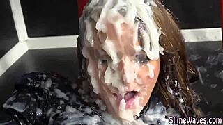 European babe enjoys a messy gloryhole experience in heels