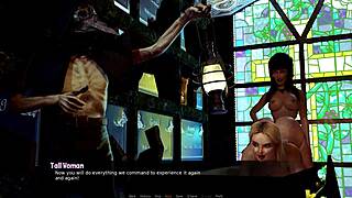 Shaved pussy muff diving in big tits theater scene.