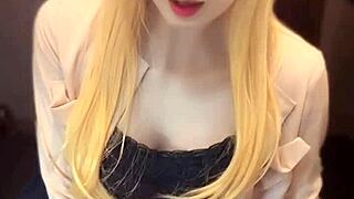 blonde long-haired crossdressing ladyboy masturbating solo!