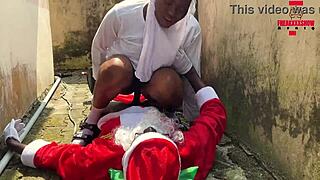 christmas of hot sex with monster cock bent over teen pussy outdoor.