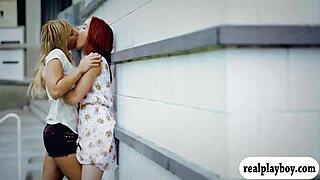 two babes fuck blue dildo licking