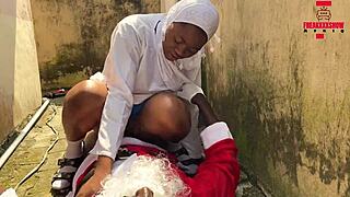 christmas of hot sex with monster cock bent over teen pussy outdoor.