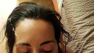 Slut girlfriend gets huge facial from nerd friend 😏