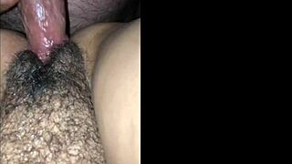 guy fucks hairy pussy filled with cum close up