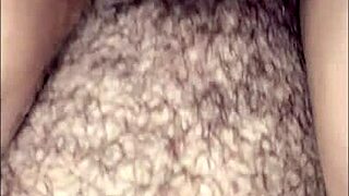 guy fucks hairy pussy filled with cum close up