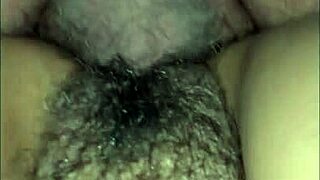 guy fucks hairy pussy filled with cum close up
