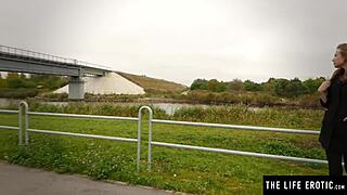 cute teen 18+ pulls down her jeans and masturbates in a public place, getting horny.