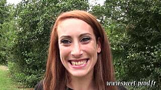 Skinny French Redhead Gives Deepthroat Handjob in Public Outdoor Scene