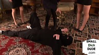 Tiny dick femdoms wanking pathetic cock in group 😜