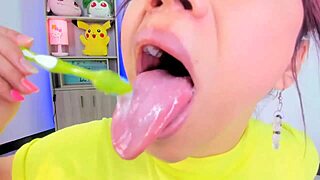 Lila jordan brushes her teeth with huge tongue spitting saliva