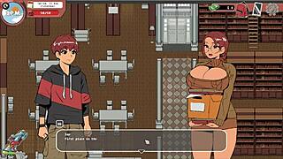 Cartoon porn game with a nerdy girl giving a handjob in the library