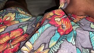 my hubby strokes his big black cock in the bedroom, cumming in slow motion