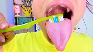 Lila jordan brushes her teeth with huge tongue spitting saliva