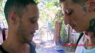 this twink tends to his latino lover's wood in the woods for bareback anal