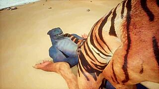 tiger fucks lizard's ass, making him cum repeatedly in furry gay sex.