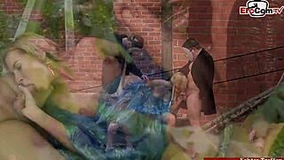 Skinny Blonde with Natural Tits in Outdoor Threesome