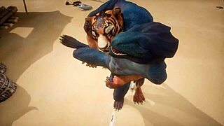 tiger fucks lizard's ass, making him cum repeatedly in furry gay sex.