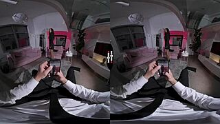 In dark room VR, shaved pussy gets blowjob and handjob in POV