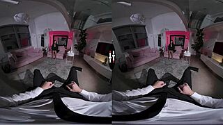 In dark room VR, shaved pussy gets blowjob and handjob in POV