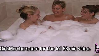 Three coeds strip nude and enter the bath in college bathroom