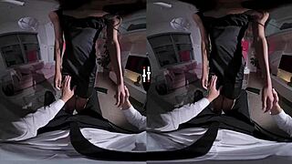 In dark room VR, shaved pussy gets blowjob and handjob in POV