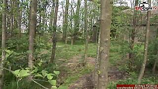 Skinny Blonde with Natural Tits in Outdoor Threesome