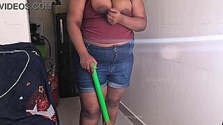 my friend's wife gets horny during a sex call while cleaning the house
