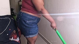 my friend's wife gets horny during a sex call while cleaning the house