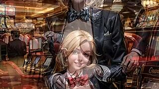 ai generated anime blonde casino dealer strips in public