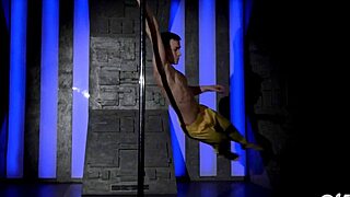 hot young gay guy does acrobatic strip tease on pole