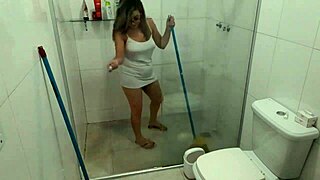 hot woman cleaning and showing off