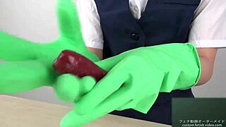 Asian handjob in latex gloves.