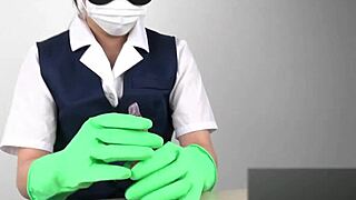 Asian handjob in latex gloves.