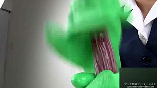 Asian handjob in latex gloves.