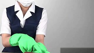 Asian handjob in latex gloves.